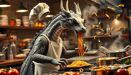 A Playful Gray Dragon Chef Enthusiastically Eats a Plate of Golden Spaghetti in a Vibrant Kitchen Setting, a Whimsical Digital Illustration Filled with Culinary Delight and Fantasy Charm