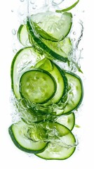 Obraz premium Refreshing Cucumber Slices Splashing in Water