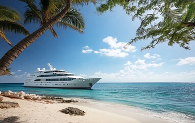 Fototapeta premium Luxury yacht at anchor near a tropical beach with palm trees. (2)