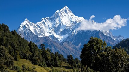 Obraz premium A stunning snow-capped mountain rises majestically against a clear blue sky, surrounded by lush greenery and rugged terrain.