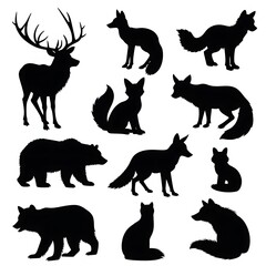 Collection of Ten Forest Animals Silhouettes - Iconic Woodland Creatures Like Deer, Foxes, and Bears on White Background