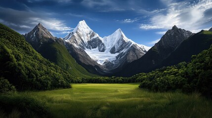 Obraz premium A stunning landscape featuring majestic snow-capped mountains, lush greenery, and a clear blue sky, creating a serene and picturesque natural scene.