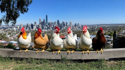 Group of colorful chickens perched on a fence with a city skyline in the background