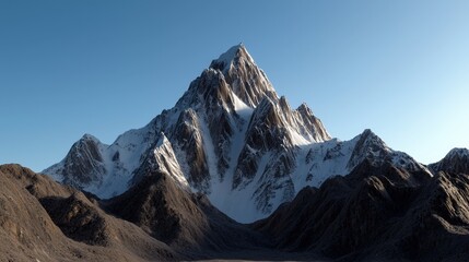 Snow-capped mountain peak under clear blue sky, showcasing rugged terrain and stunning natural beauty.