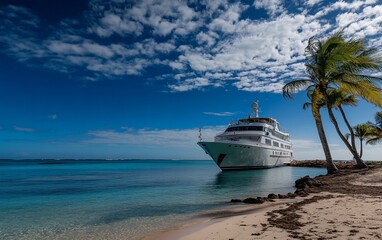 Obraz premium Luxury yacht anchored near a tropical beach with palm trees under a vibrant blue sky.