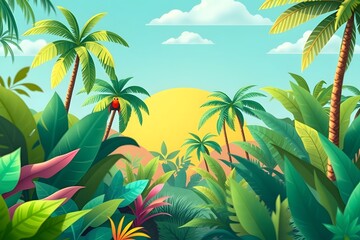 A colorful and simple flat illustration of a tropical paradise, designed for children.