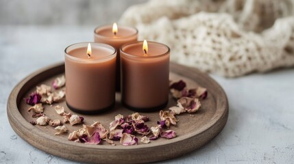 Mocha-hued candles create a tranquil atmosphere when arranged on a wooden tray surrounded by dried flower petals, perfect for enhancing cozy decor