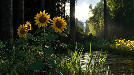 A serene forest scene featuring vibrant sunflowers beside a gentle stream, with sunlight filtering through the trees.