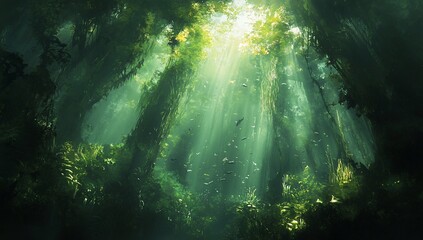 Sunbeams illuminate underwater forest, fish swim.