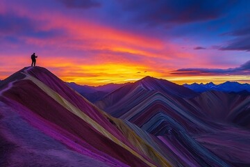 Person silhouetted against vibrant sunset over rainbow mountains.