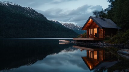 Fototapeta premium A serene lakeside cabin illuminated at dusk, surrounded by mountains, reflecting beautifully on the calm water.