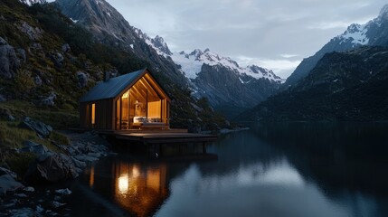 Fototapeta premium A serene lakeside cabin surrounded by majestic mountains, illuminated by warm light, reflecting beautifully on the water at dusk.