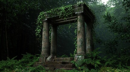 Fototapeta premium A moss-covered archway stands amidst lush greenery, evoking a sense of mystery and ancient history in a serene forest setting.