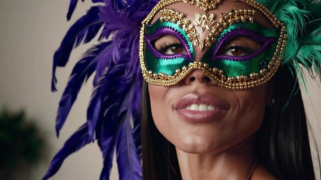 Beautiful Woman wearing a Mardi Gras Mask with Purple, Green, and Gold Colors Feathers and Beads with a Beautiful Smile. 