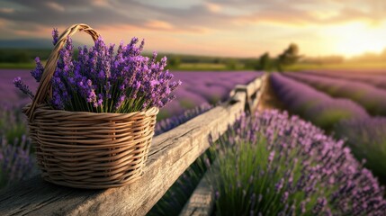 Scenic Lavender Field with a Rustic Woven Basket Full of Freshly Cut Lavender Blossoms at Sunset, Capturing the Tranquil Beauty of Nature's Bounty