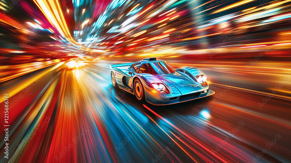 Wall mural Speeding Through City Lights: A Fast Car's Night Race