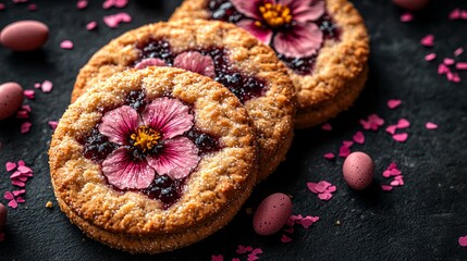 Delicious jam cookies with edible flowers, Easter treats