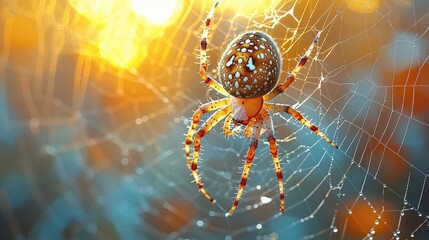 Spectacular Spider on Web at Sunset: A Detailed Macro Photograph