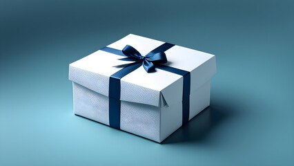 Obraz premium Elegant white gift box with a navy blue ribbon, isolated on a teal background.