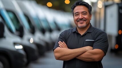Confident Hispanic Business Owner in Front of His Fleet of Delivery Vans