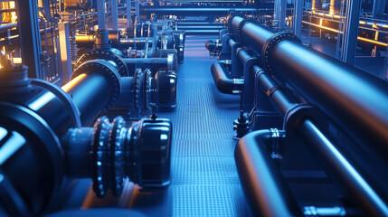 Naklejka premium A futuristic gas plant with many large black pipes, each connected to various machines and devices
