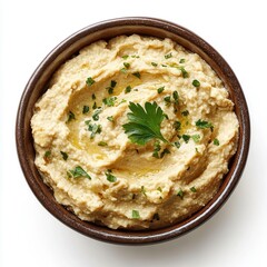 Delicious Bowl of Creamy Hummus Topped With Herbs on a Plain Background. Generative AI