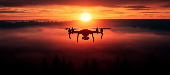 Drone sunset flight, foggy forest. Aerial photography