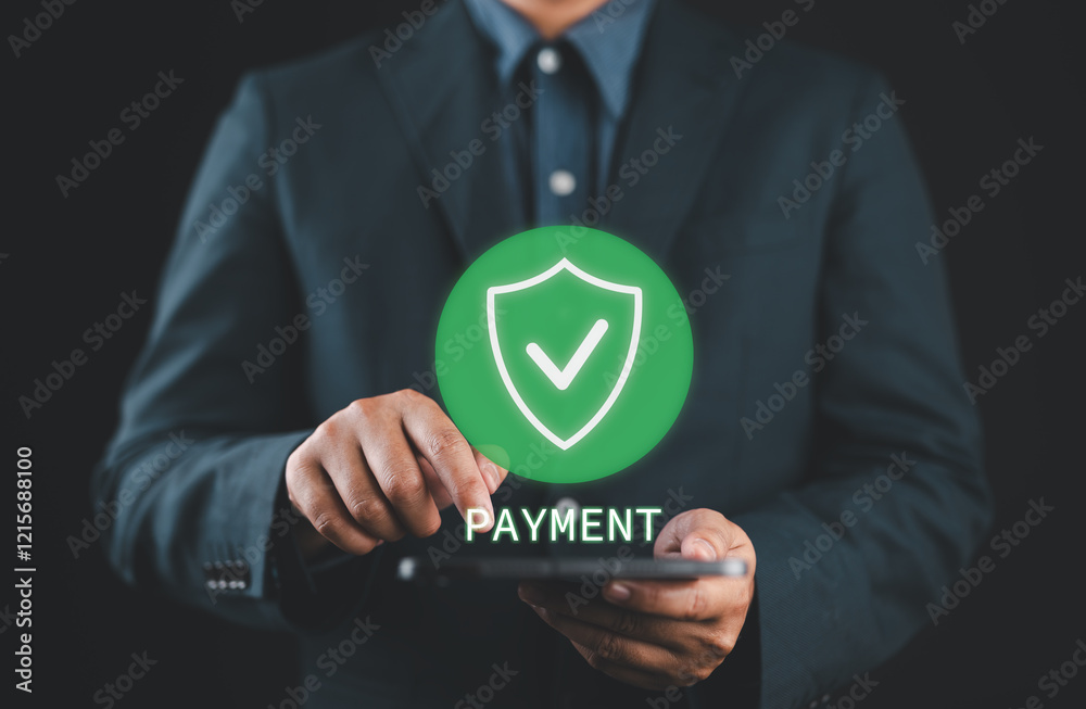 Poster mobile payment security protection. businessman interacting with a virtual shield icon for secure pa