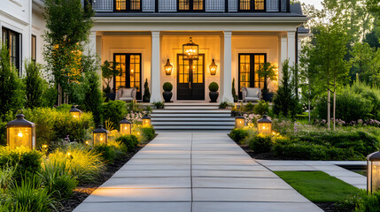 Contemporary home entrance with large windows and modern landscaping.