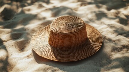 A mocha-toned straw hat lies on warm sand, illuminated by gentle sunlight, creating a serene atmosphere perfect for beach relaxation and enjoyment