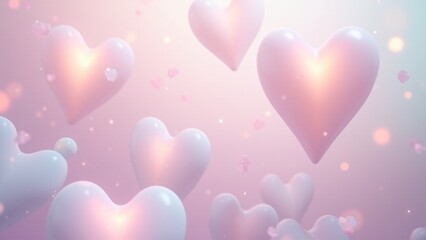 Translucent hearts falling like droplets of water against a pastel background, symbolizing pure love.