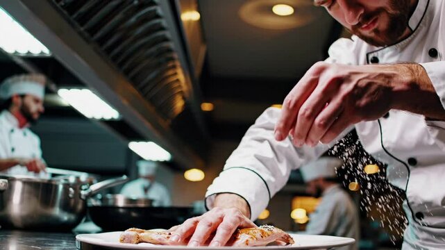 Chef Seasoning Grilled Meat in a Professional Kitchen
