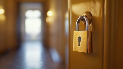 Golden Padlock on a Yellow Door, Securing Access to a Bright Interior