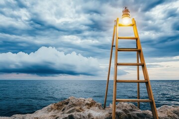 Neon lighting staircase leads to clouds over vast sea, symbolizing aspiration and success