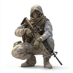 Obraz premium Special Forces Operative in Desert Camo Uniform Kneeling Pose