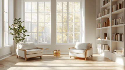 Living room with bookshelves and soft seating, designed for comfort and relaxation.