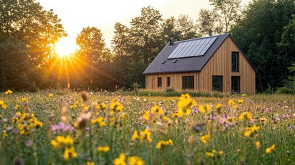 Modern solar home in wildflower meadow at sunset