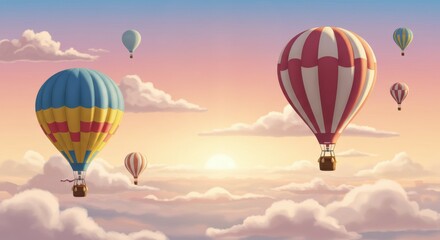 Fototapeta premium Hot air balloons, sky scene, pastel colors, dreamy atmosphere, sunset clouds, whimsical, peaceful, floating, magical, ethereal, serene landscape, gentle gradients, soft lighting, romantic, adventure, 