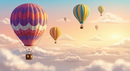 Naklejka premium Hot air balloons, sky scene, pastel colors, dreamy atmosphere, sunset clouds, whimsical, peaceful, floating, magical, ethereal, serene landscape, gentle gradients, soft lighting, romantic, adventure, 