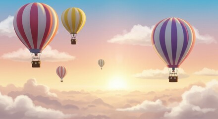Naklejka premium Hot air balloons, sky scene, pastel colors, dreamy atmosphere, sunset clouds, whimsical, peaceful, floating, magical, ethereal, serene landscape, gentle gradients, soft lighting, romantic, adventure, 