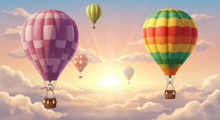 Naklejka premium Hot air balloons, sky scene, pastel colors, dreamy atmosphere, sunset clouds, whimsical, peaceful, floating, magical, ethereal, serene landscape, gentle gradients, soft lighting, romantic, adventure, 