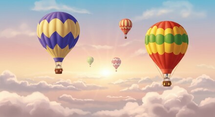 Fototapeta premium Hot air balloons, sky scene, pastel colors, dreamy atmosphere, sunset clouds, whimsical, peaceful, floating, magical, ethereal, serene landscape, gentle gradients, soft lighting, romantic, adventure, 