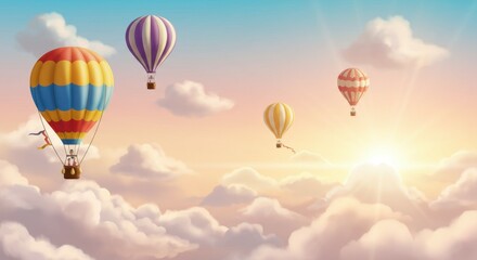 Fototapeta premium Hot air balloons, sky scene, pastel colors, dreamy atmosphere, sunset clouds, whimsical, peaceful, floating, magical, ethereal, serene landscape, gentle gradients, soft lighting, romantic, adventure, 