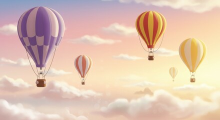Obraz premium Hot air balloons, sky scene, pastel colors, dreamy atmosphere, sunset clouds, whimsical, peaceful, floating, magical, ethereal, serene landscape, gentle gradients, soft lighting, romantic, adventure, 