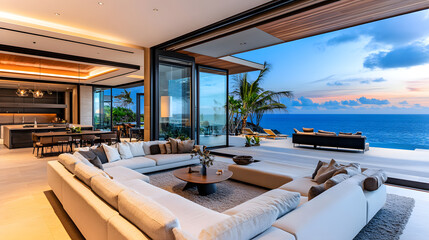 Comfortable living area with a blend of modern furniture and scenic ocean backdrop.