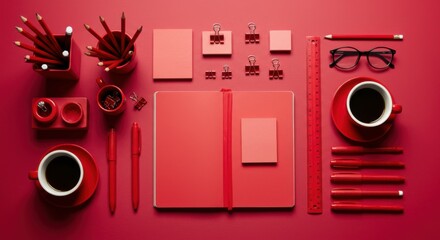 Red monochromatic flatlay, office supplies, coffee cups, eyeglasses, minimalist aesthetic, organized composition, vibrant red background, desk accessories, stationery items, geometric arrangement, top