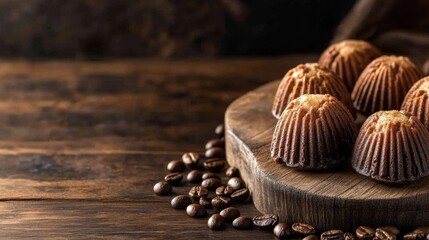 Rustic mocha-flavored muffins are neatly presented on a wooden serving board, surrounded by scattered coffee beans, inviting a warm, cozy atmosphere