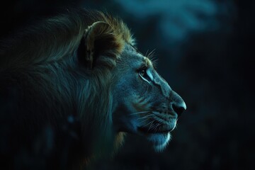 Naklejka premium Majestic Male Lion Profile Dark Night Wildlife Photography