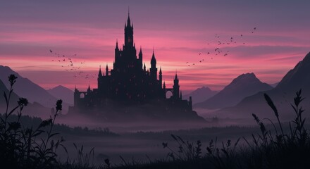 Naklejka premium fantasy castle silhouette, magical kingdom, twilight sky, purple and pink sunset, misty landscape, mountain backdrop, fairytale atmosphere, dark spires, enchanted forest, mystical glow, dreamlike scen
