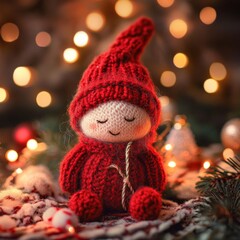 Cozy christmas knit doll with red hat and warm lights